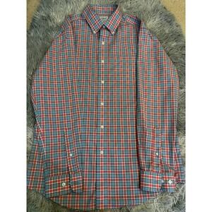 LL Bean Slightly Fitted Shirt Mens Medium M Red Blue Plaid Button Front